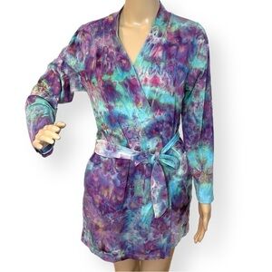 Hand tie dyed robe cover up S/M duster galaxy underwater purple blue